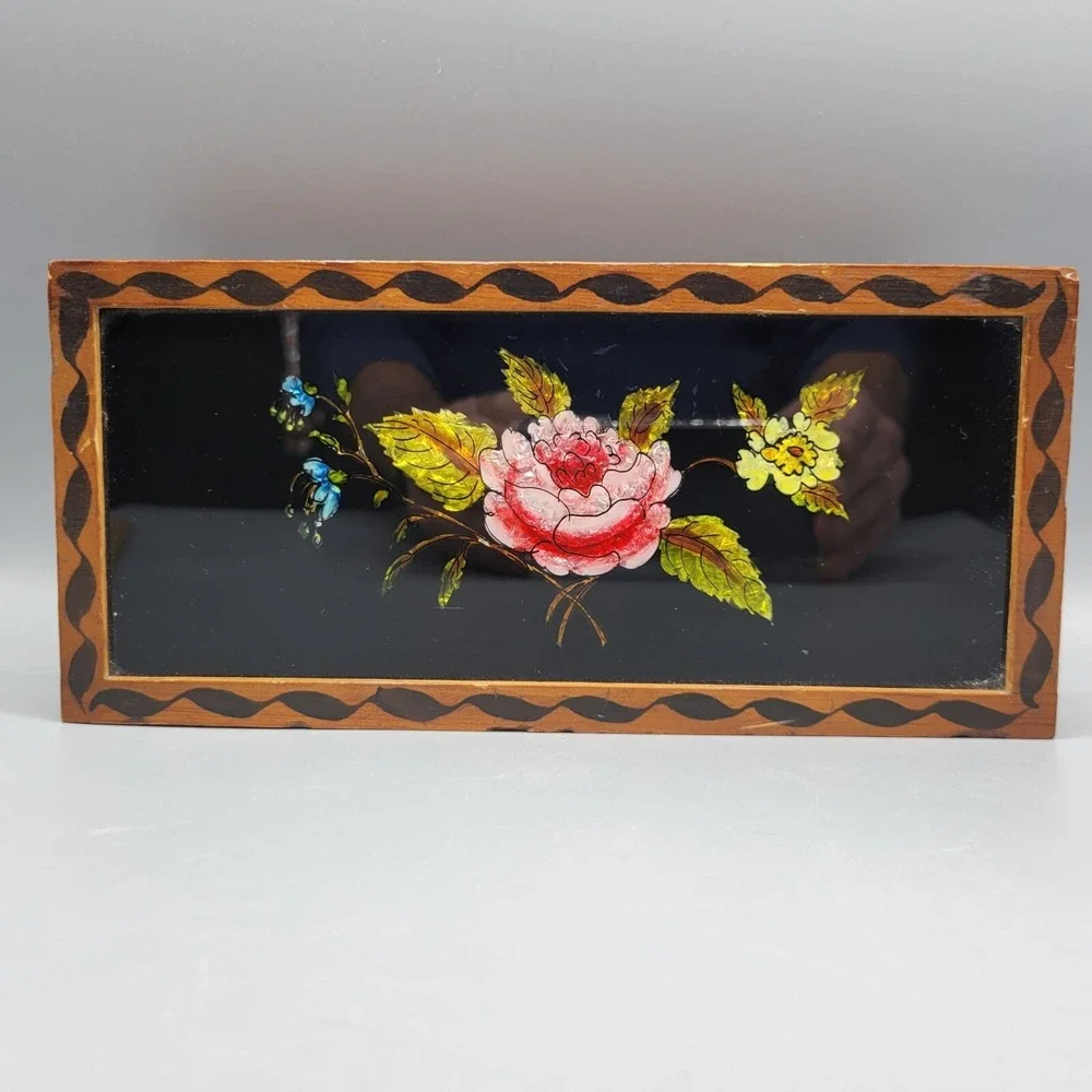 Vintage Handcrafted Box Glass Floral Reverse Painting Top Colorful Hinged